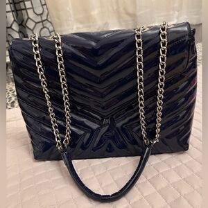 Navy blue patent vegan leather chevron-quilted bag by L'intervalle.